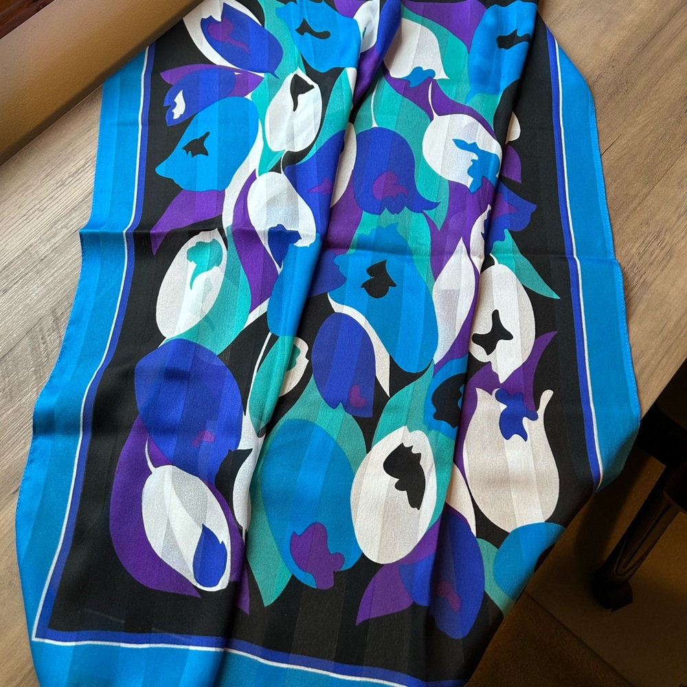 Floral Patterned Scarf - Blue, Purple, Black